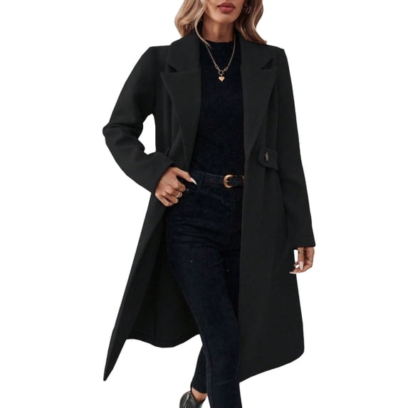 Rexolia Women's Double Breasted Long Coat Notched Lapel Winter Overcoat Black L