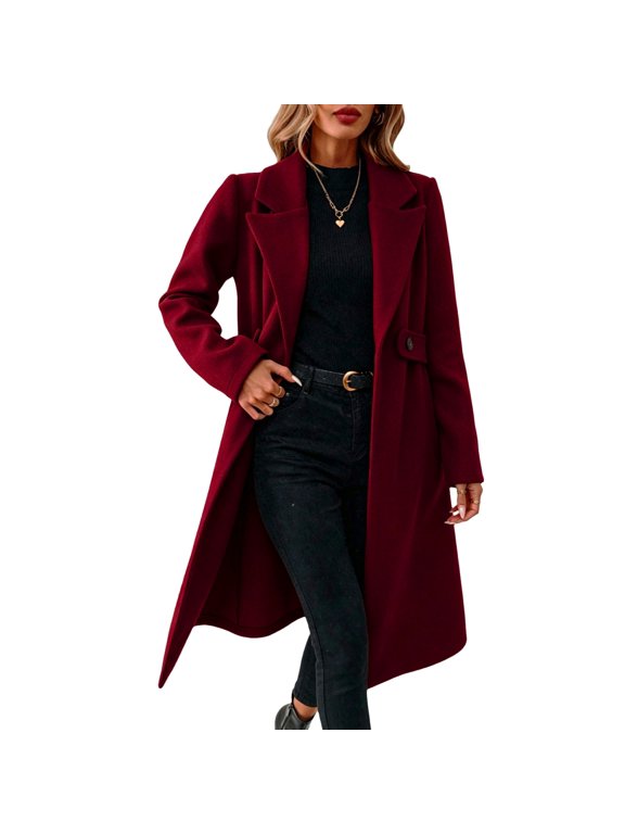 Women's Double Breasted Long Coat Notched Lapel Winter Overcoat Wine 2XL