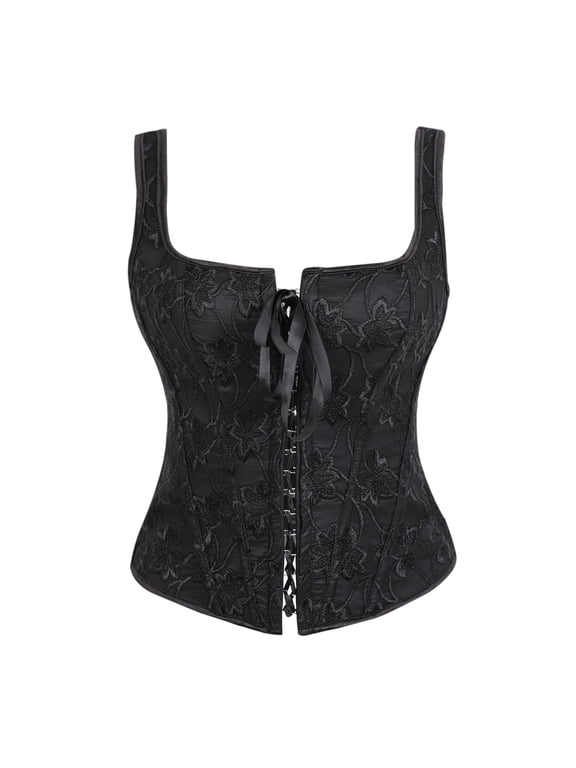 Women’s Floral Lace Up Corset Top Renaissance Crop Overbust Bustier Black S