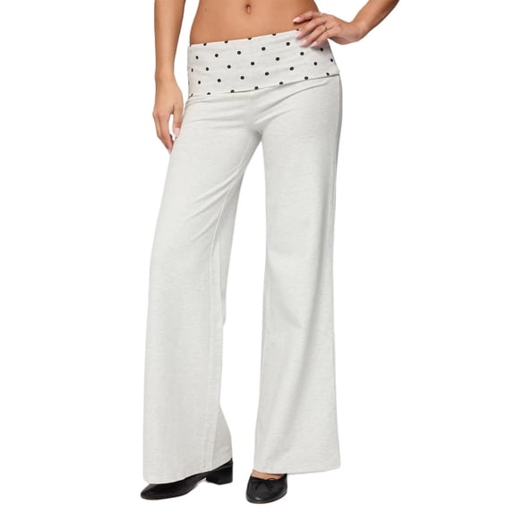 Rexolia Women's Foldover Waist Wide Leg Bell Bottom Pants Low Rise Yoga Lounge White L