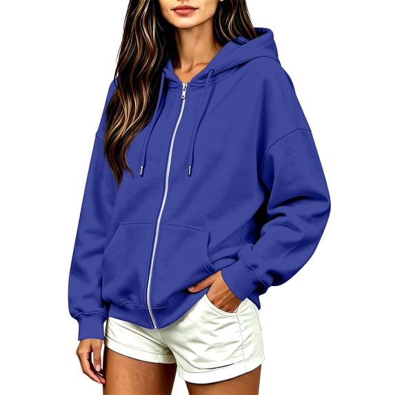 Rexolia Women's Full Zip Hoodie Oversized Drop Shoulder Sweatshirt with Pocket Blue XL