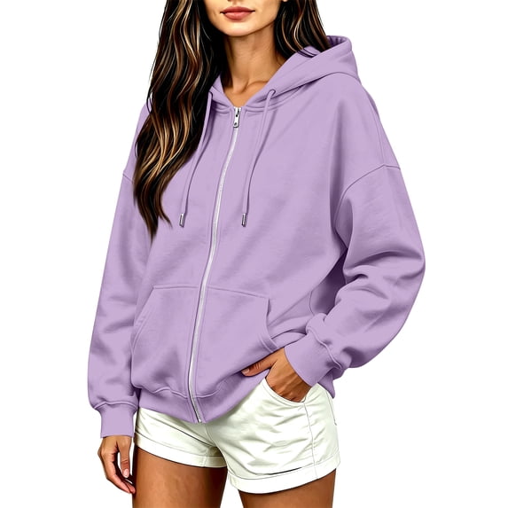 Rexolia Women's Full Zip Hoodie Oversized Drop Shoulder Sweatshirt with Pocket Light Purple 3XL