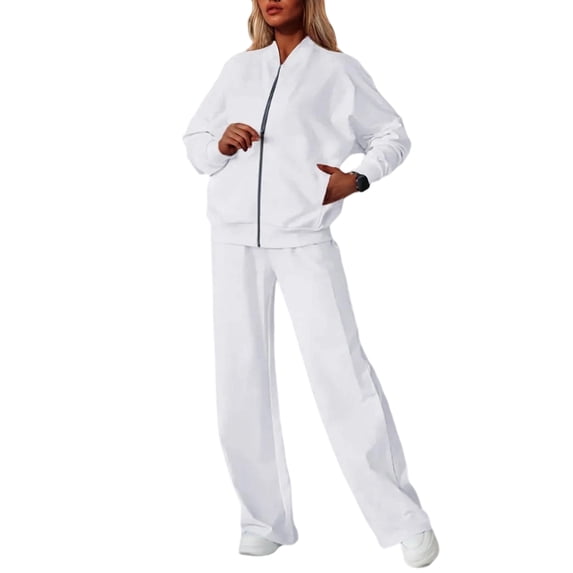 Rexolia Women’s Full Zip Relaxed Top & Wide Leg Pants Solid 2-Piece Active Set White 2XL