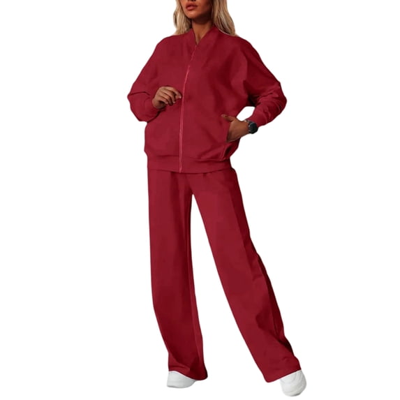 Rexolia Women’s Full Zip Relaxed Top & Wide Leg Pants Solid 2-Piece Active Set Wine XL