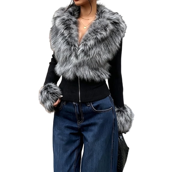 Rexolia Women's Fuzzy Synthetic Leather Coat Y2K Zip Up Slim Fit Winter Jacket Dark Gray L