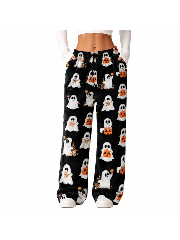 Women's Halloween Pajama Pants Ghost Print Flannel Elastic Waist Lounge Bottoms Black XL