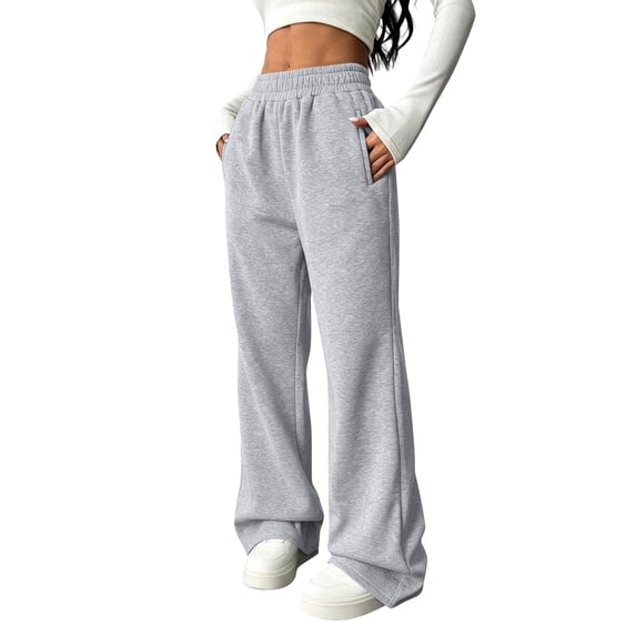 Rexolia Women's High Waist Brushed Fleece Sweatpants Wide Leg Open Bottom Warm Lounge Pants Light Gray 2XL
