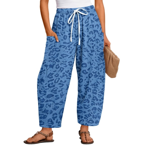 Rexolia Women’s High Waist Wide Leg Cropped Leopard Print Barrel Pants Stretchy Blue L