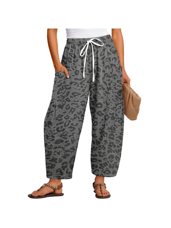 Women’s High Waist Wide Leg Cropped Leopard Print Barrel Pants Stretchy Gray M