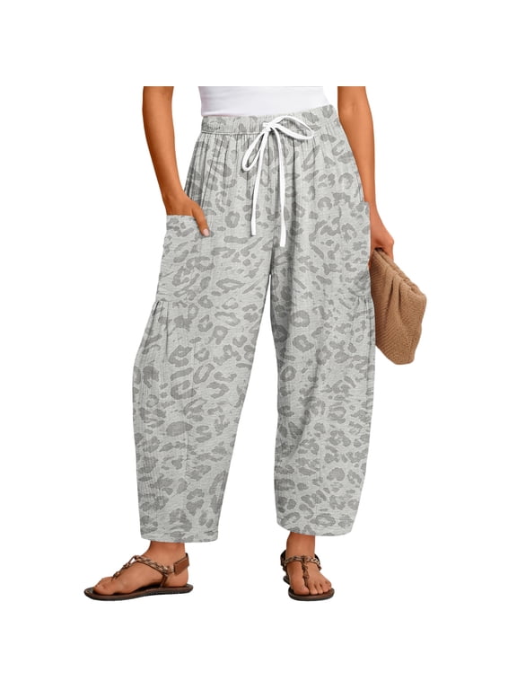 Women’s High Waist Wide Leg Cropped Leopard Print Barrel Pants Stretchy Light Gray M