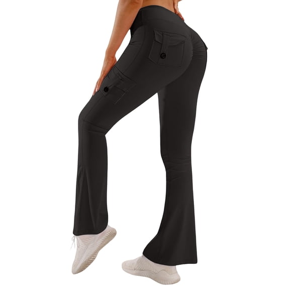Rexolia Women’s High Waisted Flare Leggings with 4 Pockets Cargo Bootcut Pants Black M