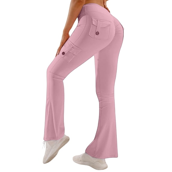 Rexolia Women’s High Waisted Flare Leggings with 4 Pockets Cargo Bootcut Pants Pink 2XL