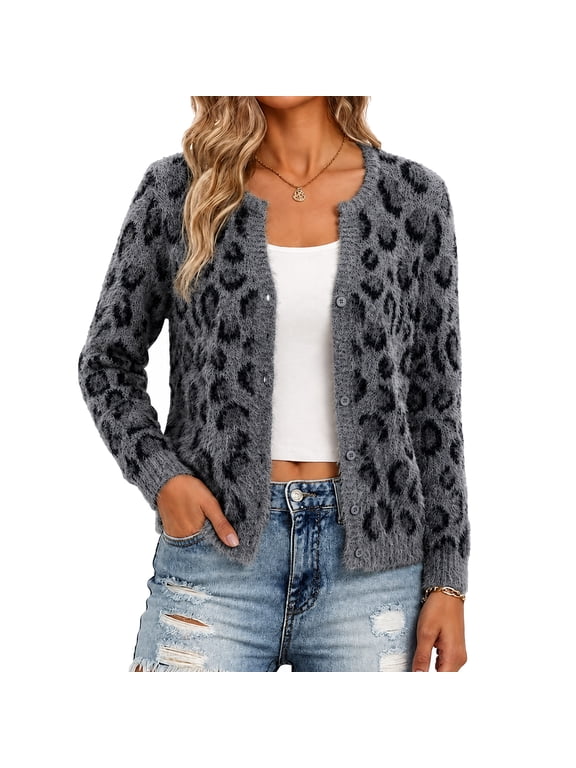 Women's Leopard Print Cardigan Cropped Button Front Fall Winter Knit Black M