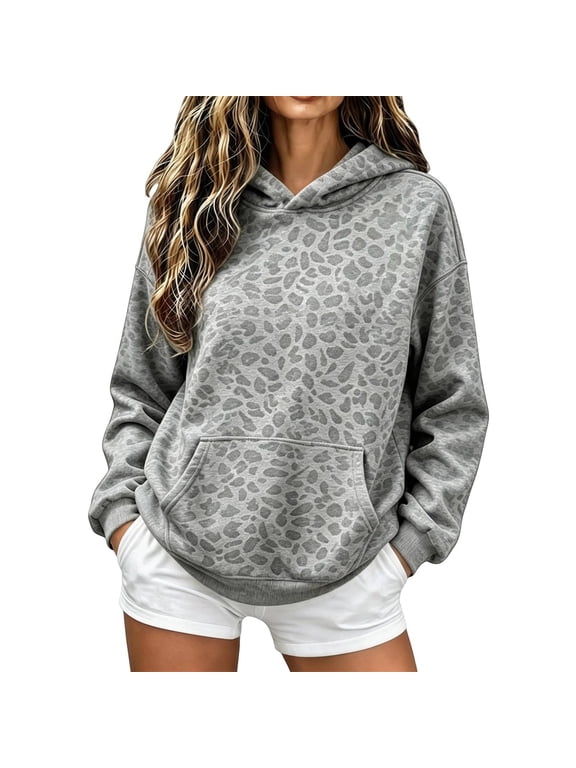 Women's Leopard Print Hoodie Oversized Pullover Long Sleeve with Pocket Gray L