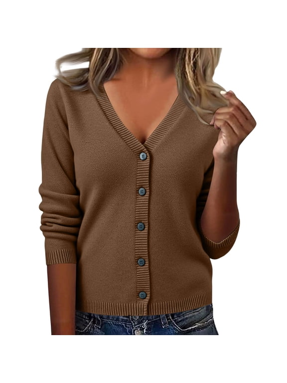 Women's Lightweight Cardigan V Neck Button Front Open Front Layering Top Coffee M