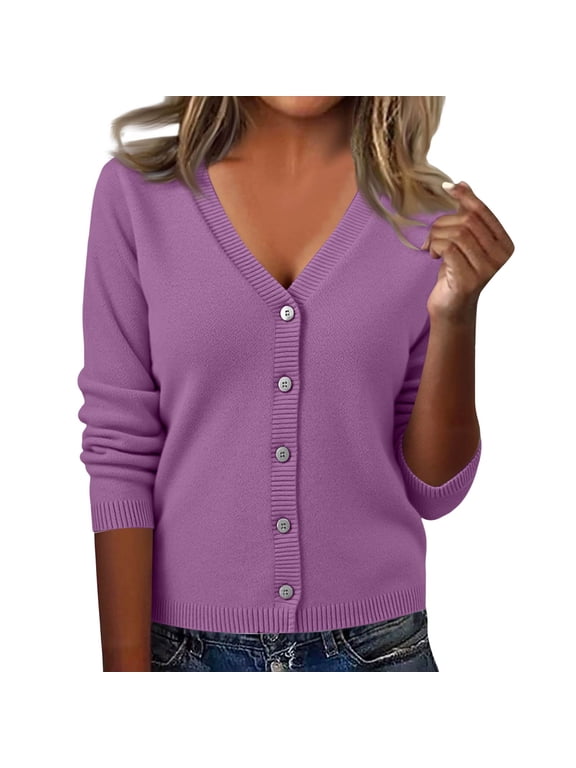 Women’s Lightweight V Neck Cardigan Soft Stretchy Button Front Casual Work Purple XL
