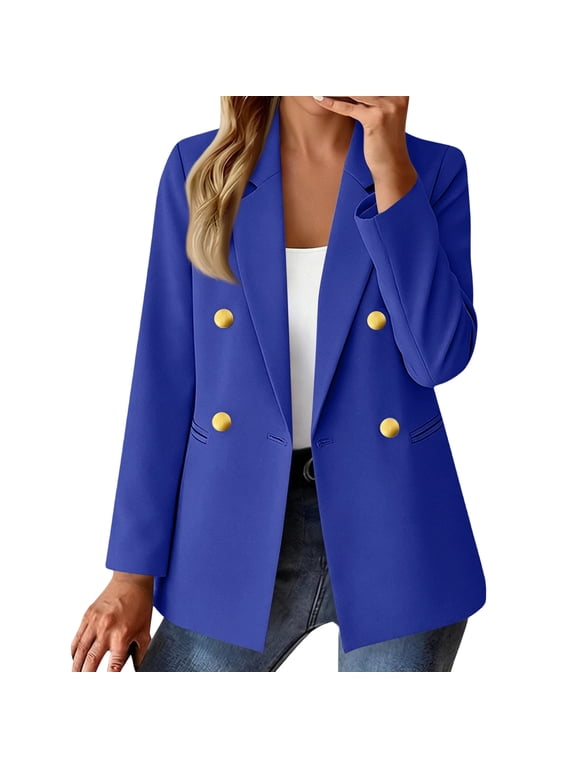 Women’s Lightweight Double Breasted Blazer Business Casual Open Front Work Jacket Royal Blue M