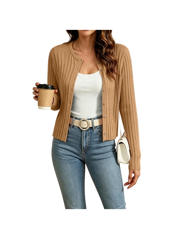 Women’s Lightweight Knit Cardigan Button Up Crewneck Long Sleeve Fall Layering Camel M