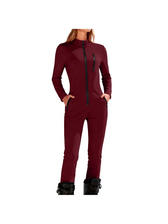 Women's Long Sleeve Workout Jumpsuit Zip Up Mock Neck Stretch Yoga Ski Base Layer Deep Red S