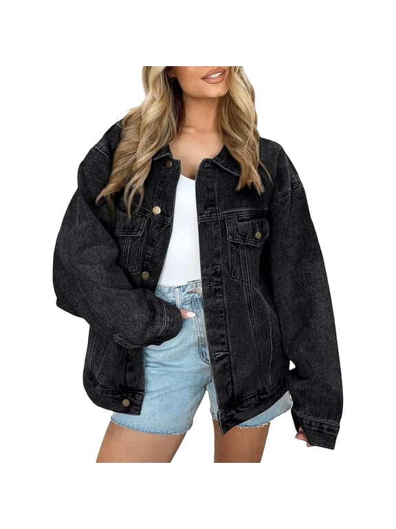 Women's Oversized Denim Jacket Boyfriend Fit Distressed Button Down with Pockets Black XL
