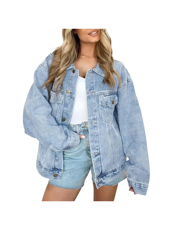 Women's Oversized Denim Jacket Boyfriend Fit Distressed Button Down with Pockets Light Blue S