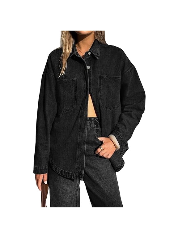 Women's Oversized Denim Shacket Button Down Long Sleeve Chest Pockets Trendy Black M