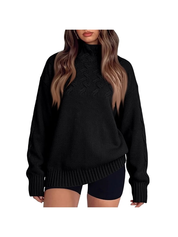 Women’s Oversized Turtleneck Cable Knit Sweater Long Sleeve Pullover Top Black XL