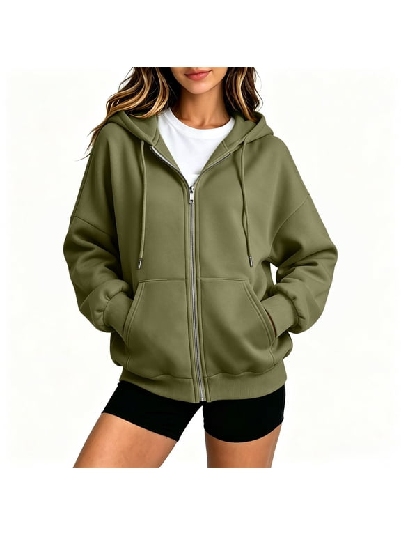 Women's Oversized Zip Up Hoodie Drawstring Hood Casual Jacket with Pockets Army Green L