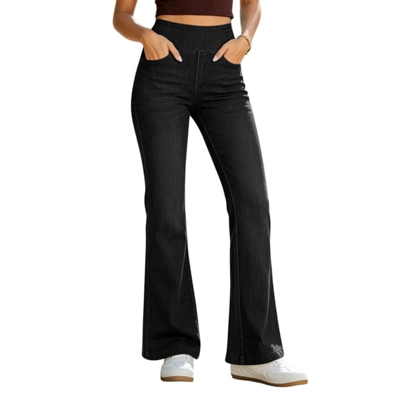 Rexolia Women’s Pull On Bell Bottom Jeans High Elastic Waist Stretchy Bootcut Flared Denim Black L