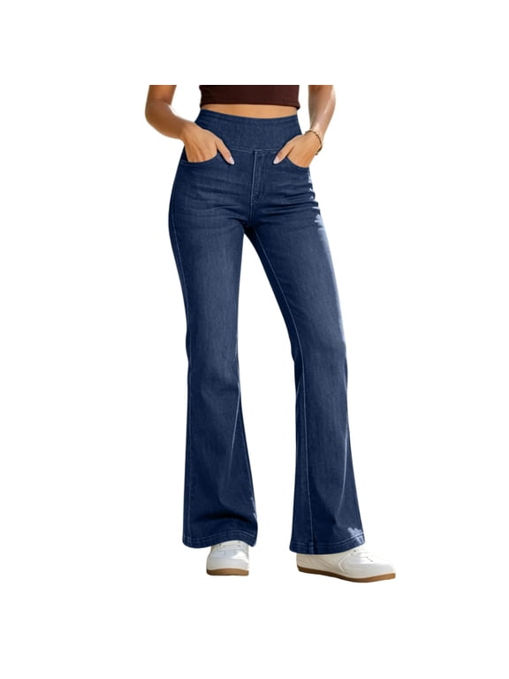 Women’s Pull On Bell Bottom Jeans High Elastic Waist Stretchy Bootcut Flared Denim Dark Blue L