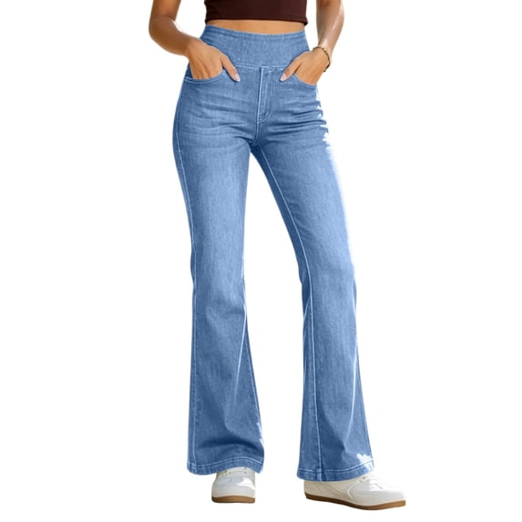 Rexolia Women’s Pull On Bell Bottom Jeans High Elastic Waist Stretchy Bootcut Flared Denim Light Blue 2XL