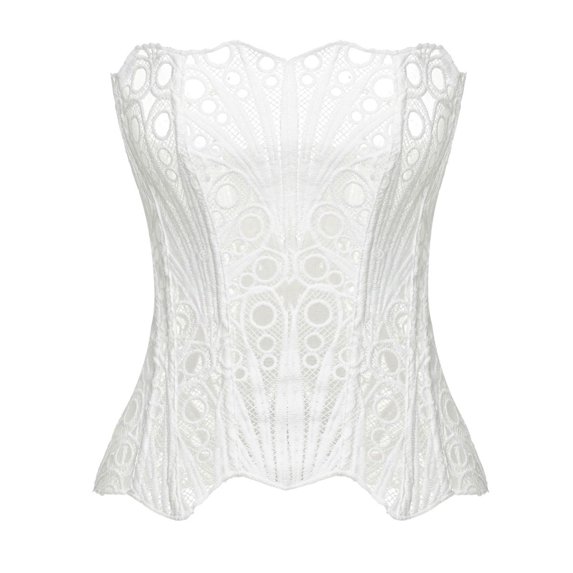 Rexolia Women's Sheer Floral Lace Corset Top Overbust Zip Back Going Out White S