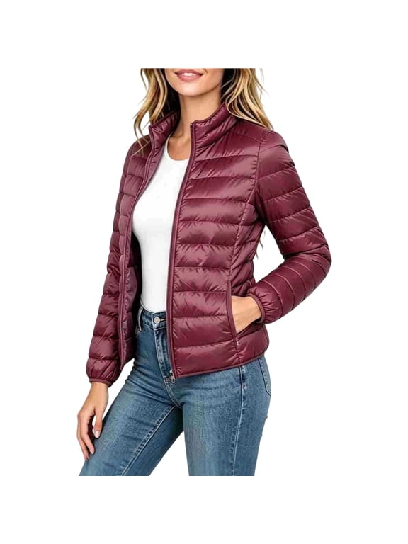 Women's Short Puffer Jacket Lightweight Quilted Padded Stand Collar Zip Front Wine Women