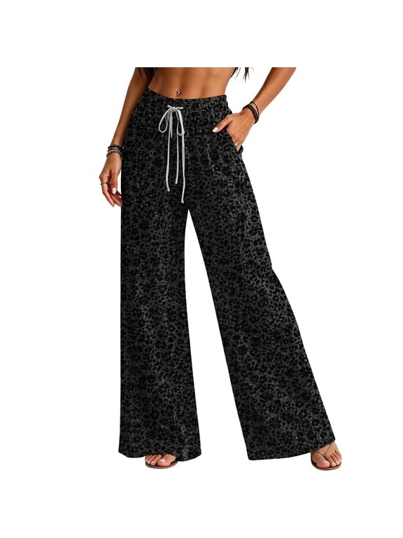 Women’s Soft Leopard Wide Leg Pants Cozy Cheetah Print Everyday Casual Bottoms Black M