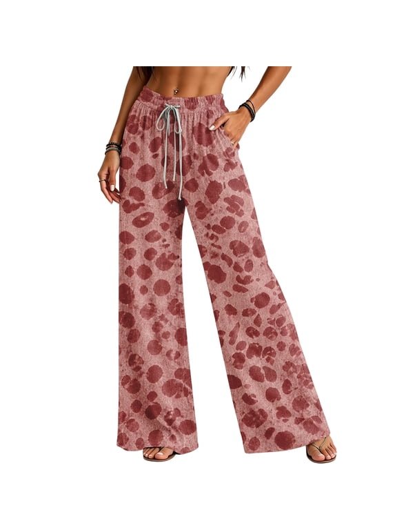 Women’s Soft Leopard Wide Leg Pants Cozy Cheetah Print Everyday Casual Bottoms Red L