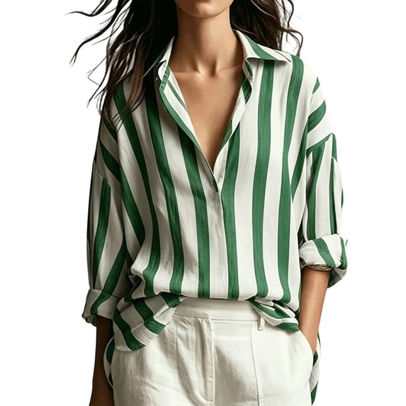 Rexolia Women's Striped Button Down Shirt Regular Fit Long Sleeve Business Casual Green L