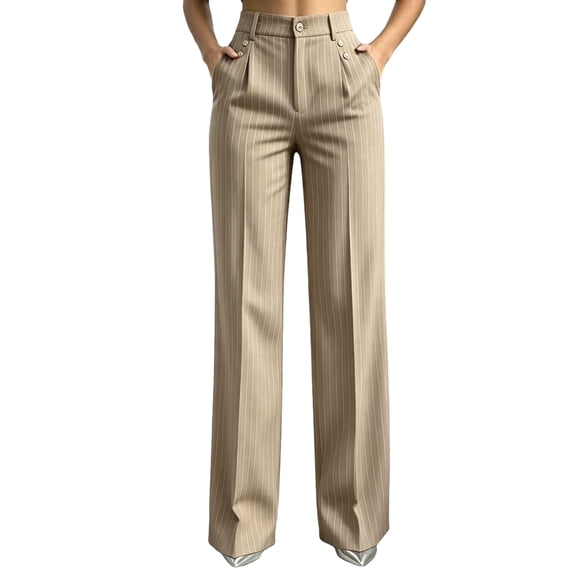 Rexolia Women's Striped Wide Leg Dress Pants High Waisted Work Trousers with Pockets Khaki L