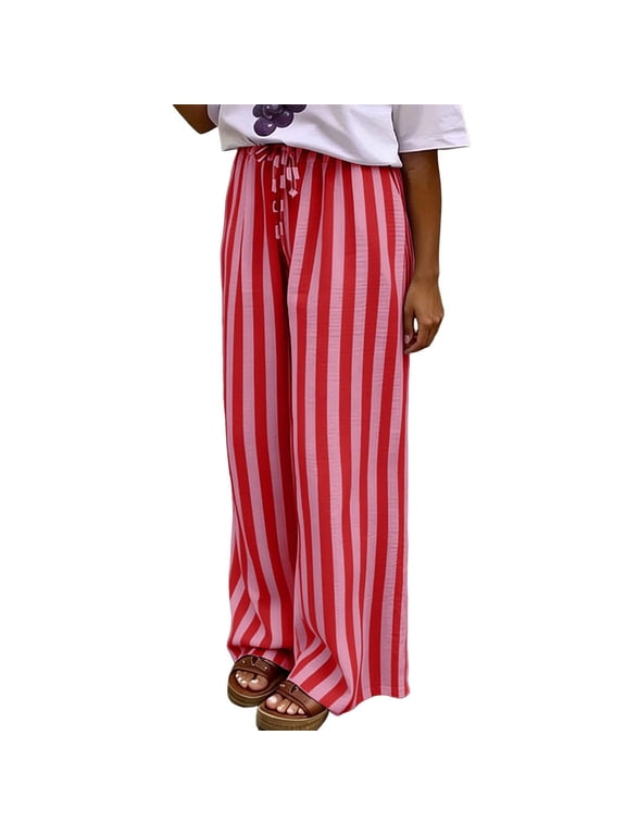 Women's Striped Wide Leg Pants Elastic Waist Flowy Palazzo with Pockets Red L