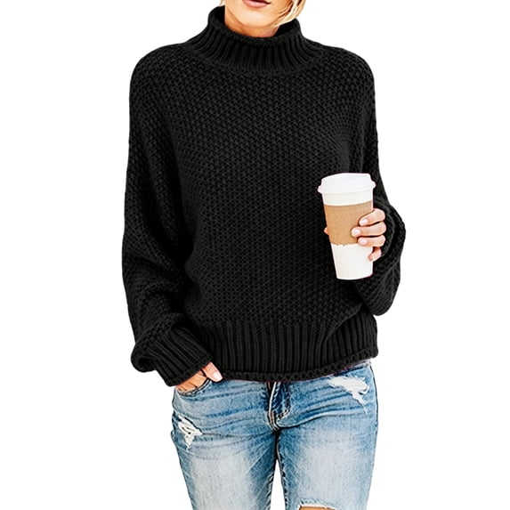 Rexolia Women's Turtleneck Cable Knit Sweater Chunky Oversized Long Sleeve Fall Black L