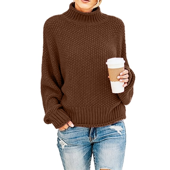 Rexolia Women's Turtleneck Cable Knit Sweater Chunky Oversized Long Sleeve Fall Brown 3XL