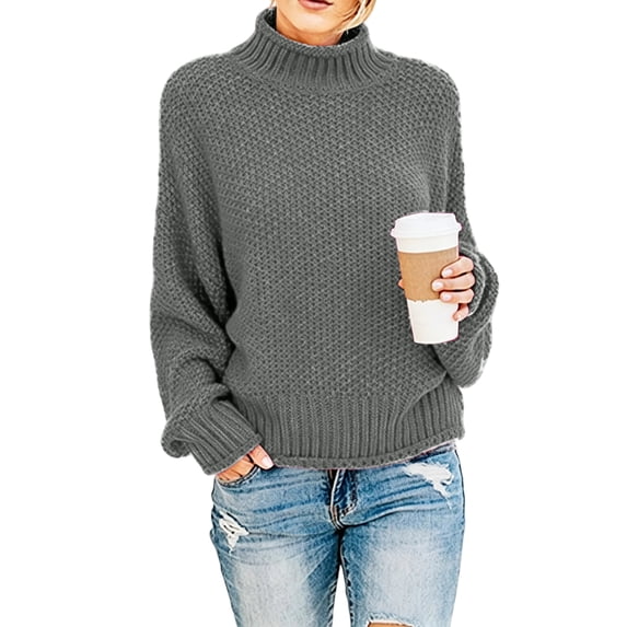 Rexolia Women's Turtleneck Cable Knit Sweater Chunky Oversized Long Sleeve Fall Gray XL
