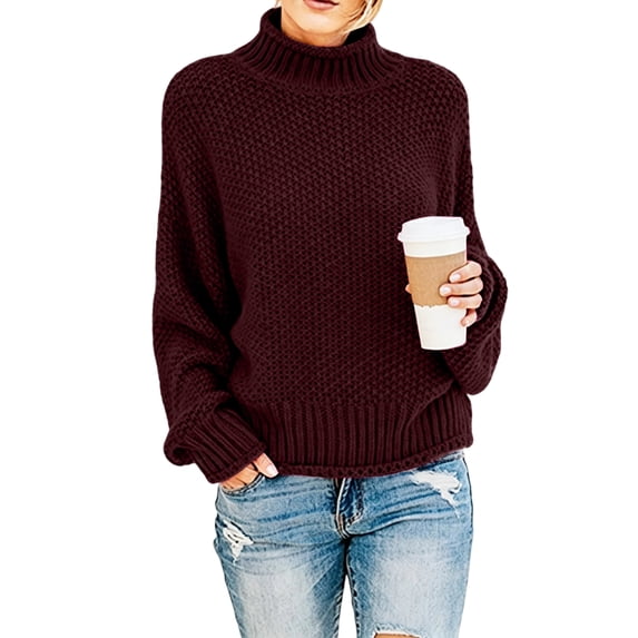 Rexolia Women's Turtleneck Cable Knit Sweater Chunky Oversized Long Sleeve Fall Wine S