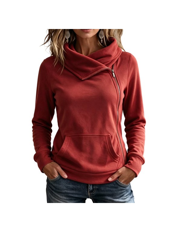 Women’s Turtleneck Zip Up Sweatshirt Long Sleeve Slim Fit Jacket Top Red 3XL