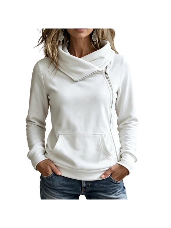 Women’s Turtleneck Zip Up Sweatshirt Long Sleeve Slim Fit Jacket Top White S