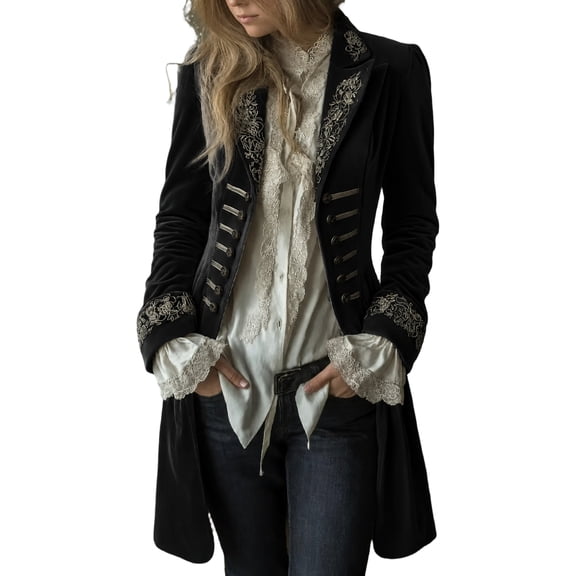 Rexolia Women’s Vintage Embroidered Velvet Blazer Long Gothic Pirate Steampunk Coat Black M