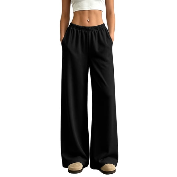 Rexolia Women's Wide Leg Lounge Pants Soft High Waist Side Pockets Casual Black L