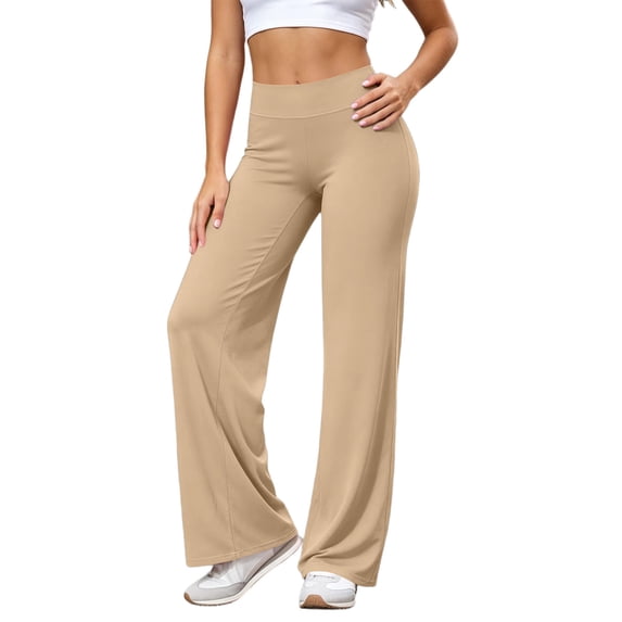 Rexolia Women's Wide Leg Straight Pants High Waist Yoga Gym Lounge Wear Beige L