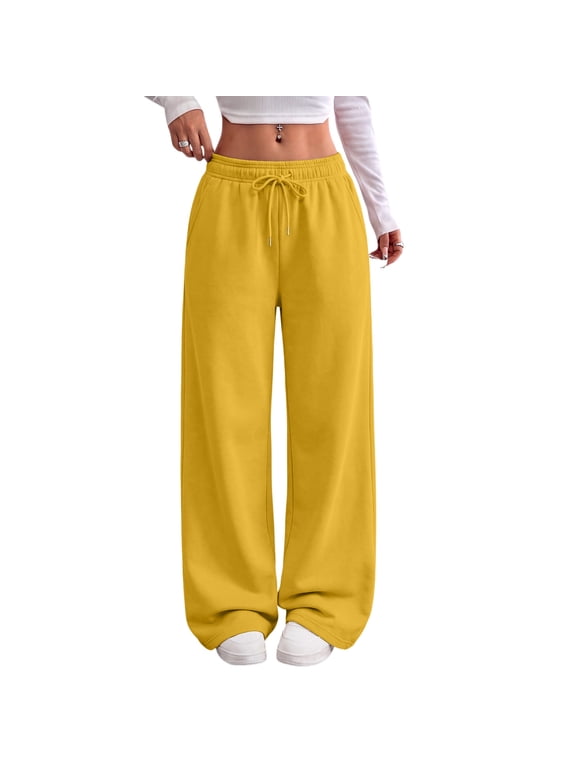 Women’s Wide Leg Sweatpants with Pockets Drawstring High Waist Baggy Casual Yellow 2XL
