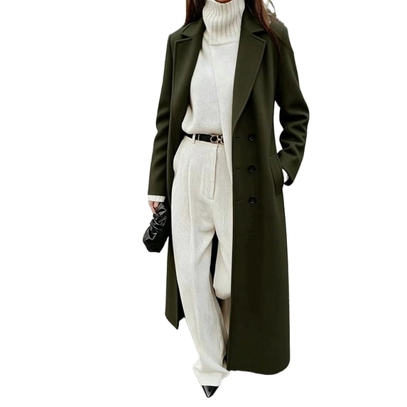 Rexolia Women's Wool Blend Coat Long Sleeve Notch Lapel Long Trench Fall Winter Office Army Green Women