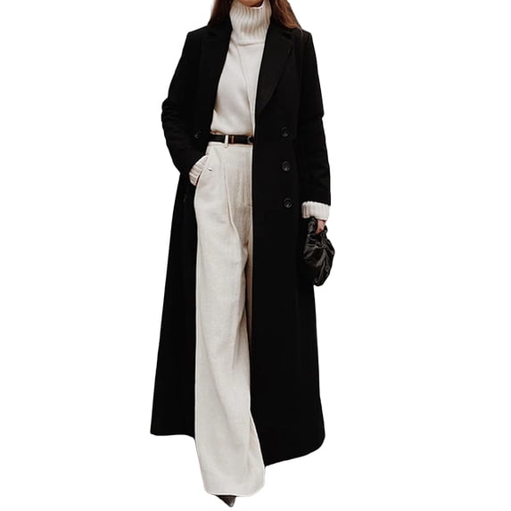 Rexolia Women's Wool Blend Coat Long Sleeve Notch Lapel Long Trench Fall Winter Office Black Women